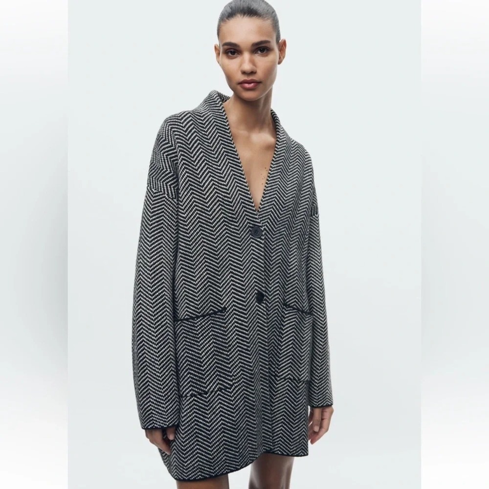 Zara Wool Blend Minimalist Herringbone Knit Button Coat Black White Women S